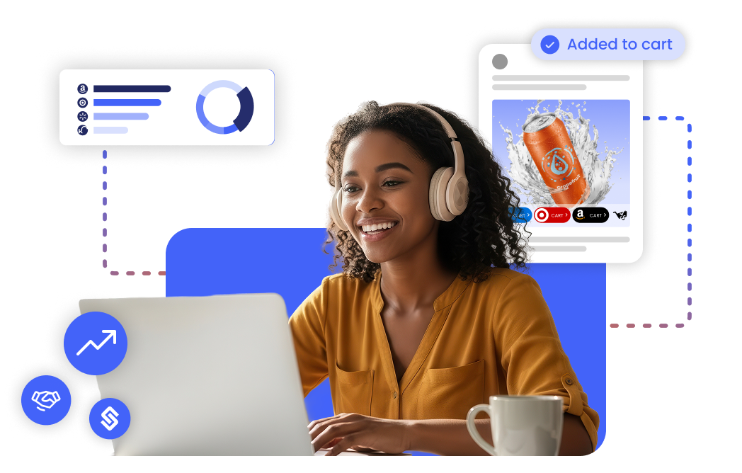 Commerce professional using a laptop with retailer cart and analytics experiences