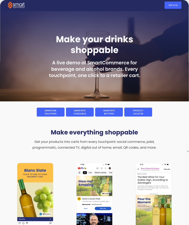 SmartCommerce beverage and alcohol demo featuring shoppable media, SmartSite tools, and a product locator
