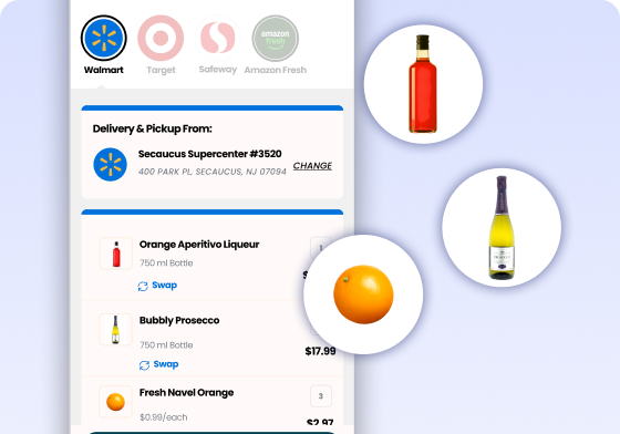 Walmart cart containing bundled cocktail ingredients with product swap options