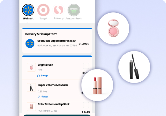 Cart with Bright Blush, Super Volume Mascara, and Color Statement Lip Stick bundled together with swap options