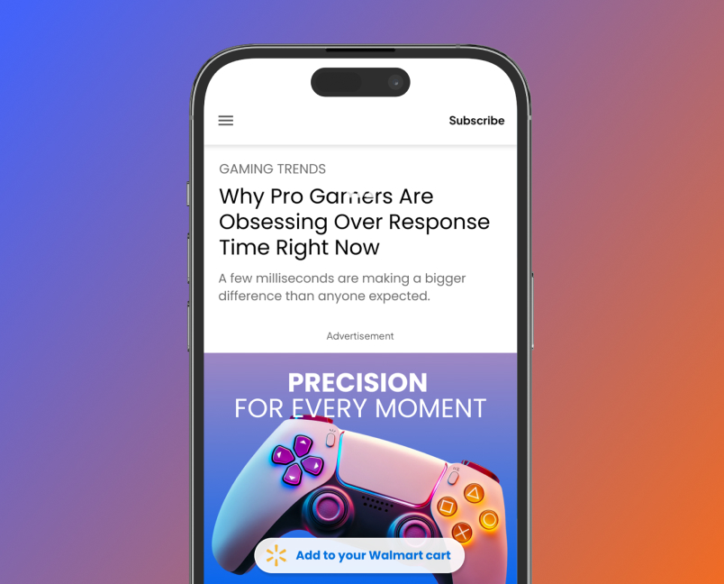 Shoppable gaming advertisement displayed within mobile editorial content