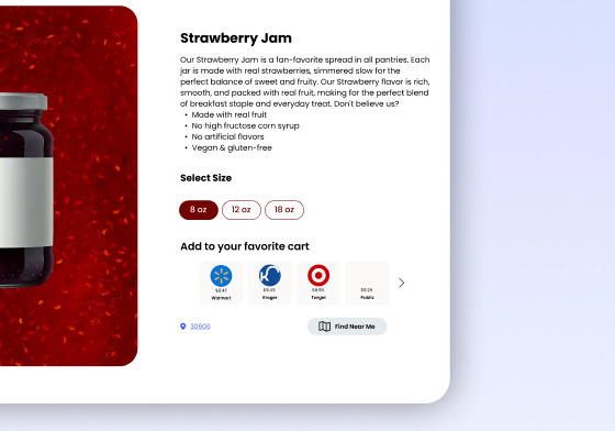 Strawberry Jam product page with a size selector and retailer buy buttons