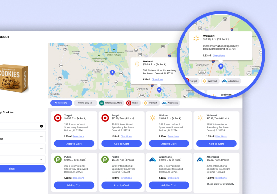 Store locator map with nearby retailer pins and in-stock cookie product cards