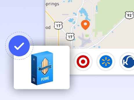 Map showing a nearby retailer location with Penne product available at Target, Walmart, and Kroger