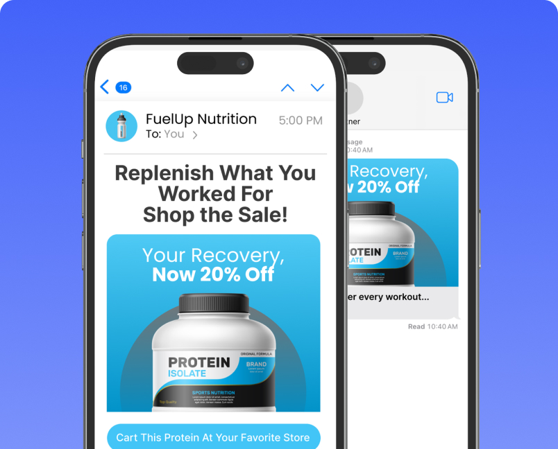 FuelUp Nutrition email and SMS promotion for a protein recovery product