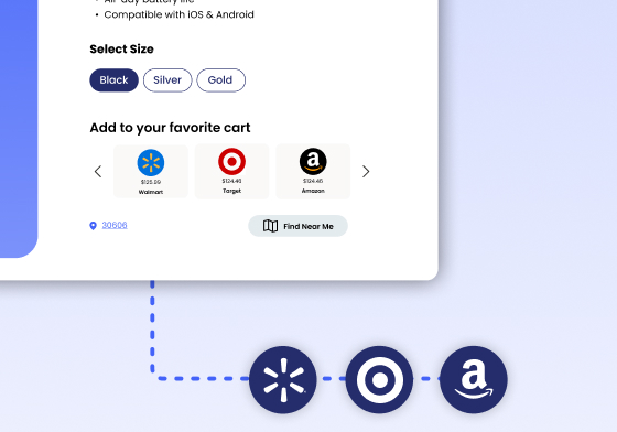 Product page connected to Walmart, Target, and Amazon retailer options