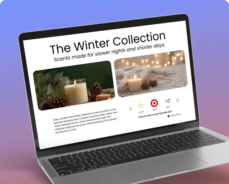 Shoppable seasonal candle collection displayed on a laptop