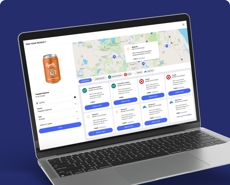 Where-to-buy experience showing nearby retailer availability on a laptop